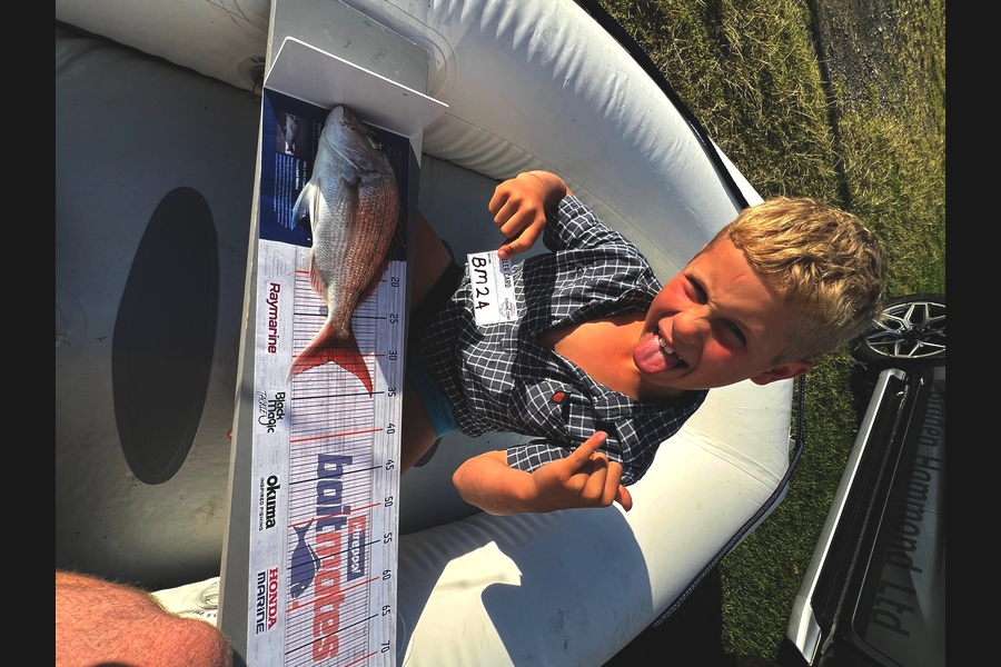 Gus Hammond caught this 30.5cm Snapper at East Cape during The Hirepool Baitmates Fishing Comp